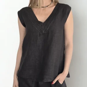 Blusa Italiana 100% Lino escote en V, color Chocolate