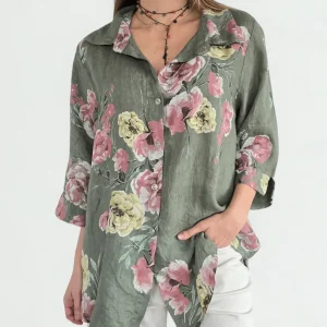 Blusa Italiana 100%Lino Floreada, fondo Verde