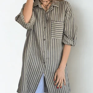Blusa/Vestido Italiano 100% Lino Rayado, fondo Taupe