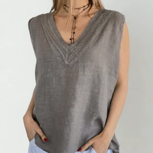 Blusa Italiana 100% Lino escote en V, color Taupe