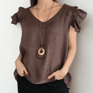 Blusa Italiana 100%Lino Mangas Irregulares, color Chocolate