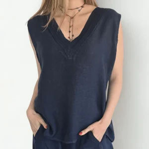 Blusa Italiana 100% Lino escote en V, color Azul Marino
