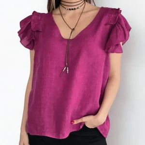 Blusa Italiana 100%Lino, Mangas Irregulares, color Magenta