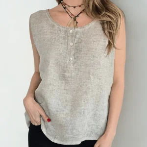 Blusa Italiana 100% Lino, sin mangas, color Beige