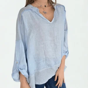 Blusa 100% Lino Italiano escote en V, color Celeste