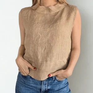 Blusa Italiana 100% Lino, corta, color Camel