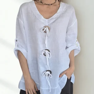 Blusa Italiana 100% Lino con tres Botones, color Blanco