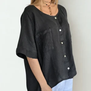 Blusa Italiana 100% Lino dos Bolsillos, color Gris