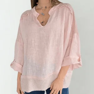 Blusa 100%Lino Italiano escote en V, color Rosado