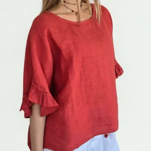 Blusa Italiana 100% Lino con Vuelos, color Tomate