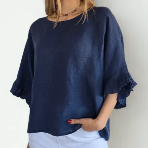 Blusa Italiana 100% Lino con Vuelos, color Azul