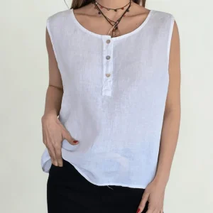 Blusa Italiana 100% Lino, sin mangas, color Blanco
