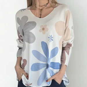 Sweater Italiano Estampado Flores, tonos Celestes