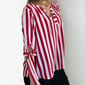 Blusa Rayada escote en V, color Rojo con Blanco