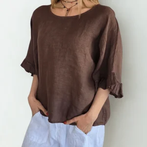 Blusa Italiana 100% Lino con Vuelos, color Chocolate