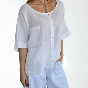 Blusa Italiana 100% Lino dos Bolsillos, color Blanco