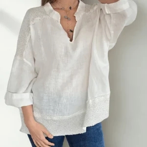 Blusa 100% Lino Italiano escote en V, color Blanco