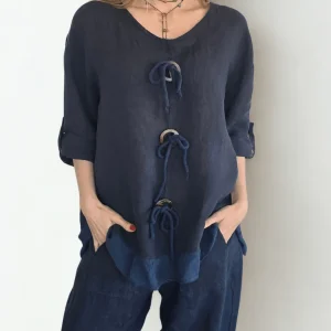 Blusa Italiana 100% Lino con tres Botones, color Azul