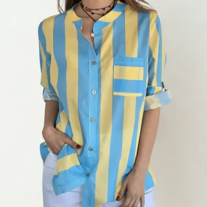 Blusa Italiana Rayada un Bolsillo, color Celeste con Amarillo