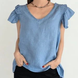 Blusa Italiana 100% Lino Mangas Irregulares, color Celeste