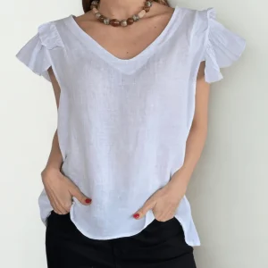 Blusa Italiana 100% Lino Mangas Irregulares, color Blanco