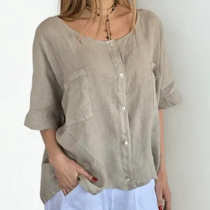 Blusa Italiana 100% Lino dos Bolsillos, color Beige
