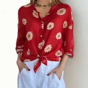 Blusa Italiana con Flores, fondo Rojo