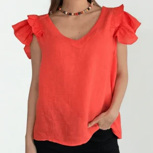 Blusa Italiana 100%Lino Mangas Irregulares, color Coral