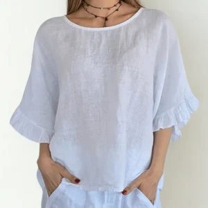Blusa Italiana 100% Lino con Vuelos, color Blanco