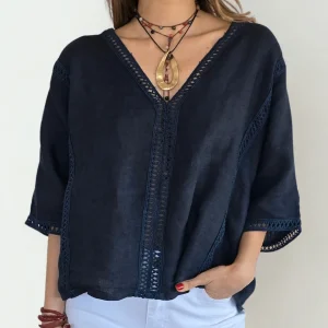 Blusa 100% Lino Italiano Pasamanería, color Azul Marino