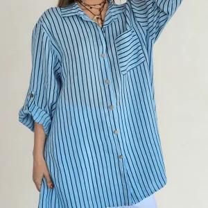 Blusa/Vestido Italiano 100% Lino Rayado, fondo Celeste